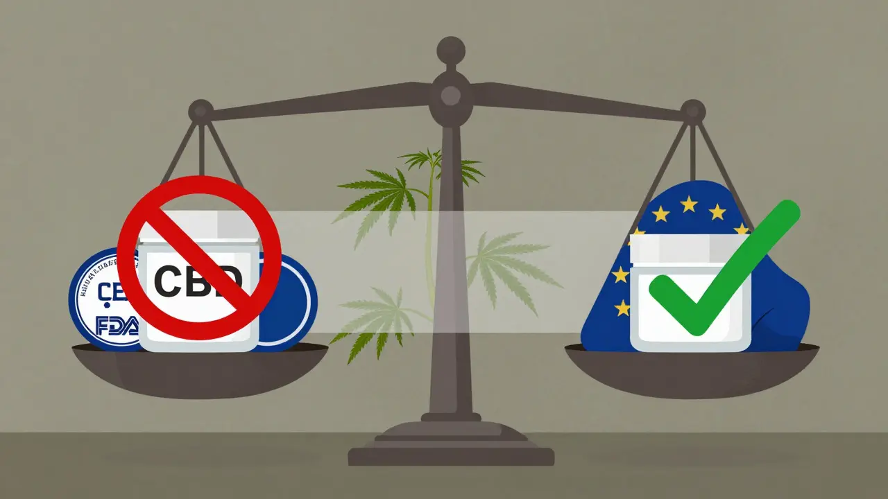 Symbolický obraz FDA a EU s CBD kosmetikou na váhách, žádný text.