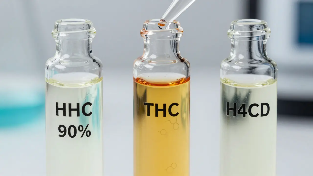 Three vials of HHC, THC, and H4CBD oils side by side with distinct colors and viscosities