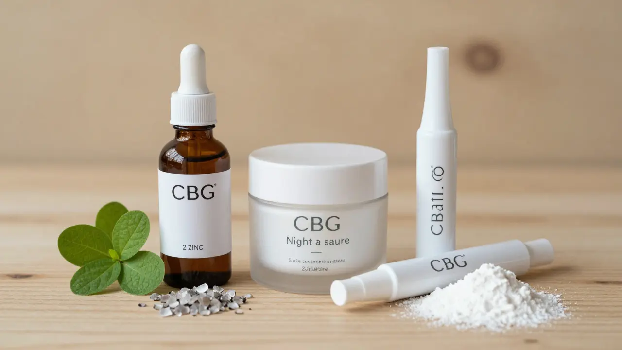 Tři kozmetické produkty s CBG na dřevěném povrchu s přírodními prvky.