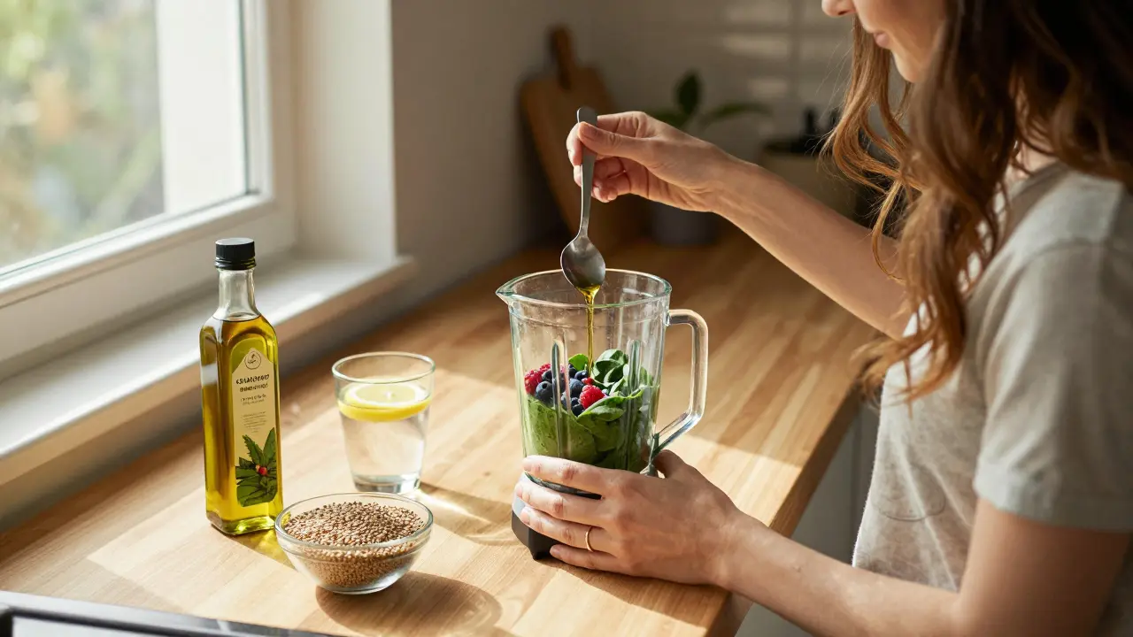 Žena připravuje smoothie s konopným olejem a semeny, její vlasy jsou dlouhé a zdravé v přírodním osvětlení kuchyně.