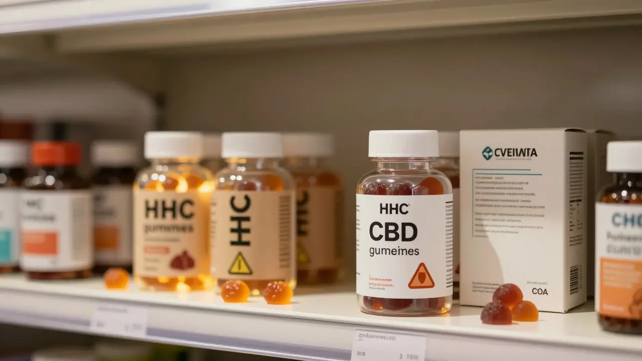 Žvýkačky HHC a CBD na police v české lékárně s označením a certifikátem analýzy.
