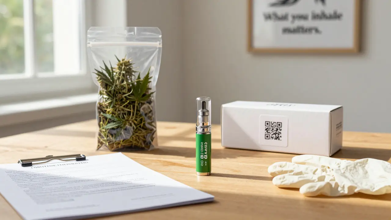 Malý CBD vape na dřevěném stole s důkazy výroby a logistiky.