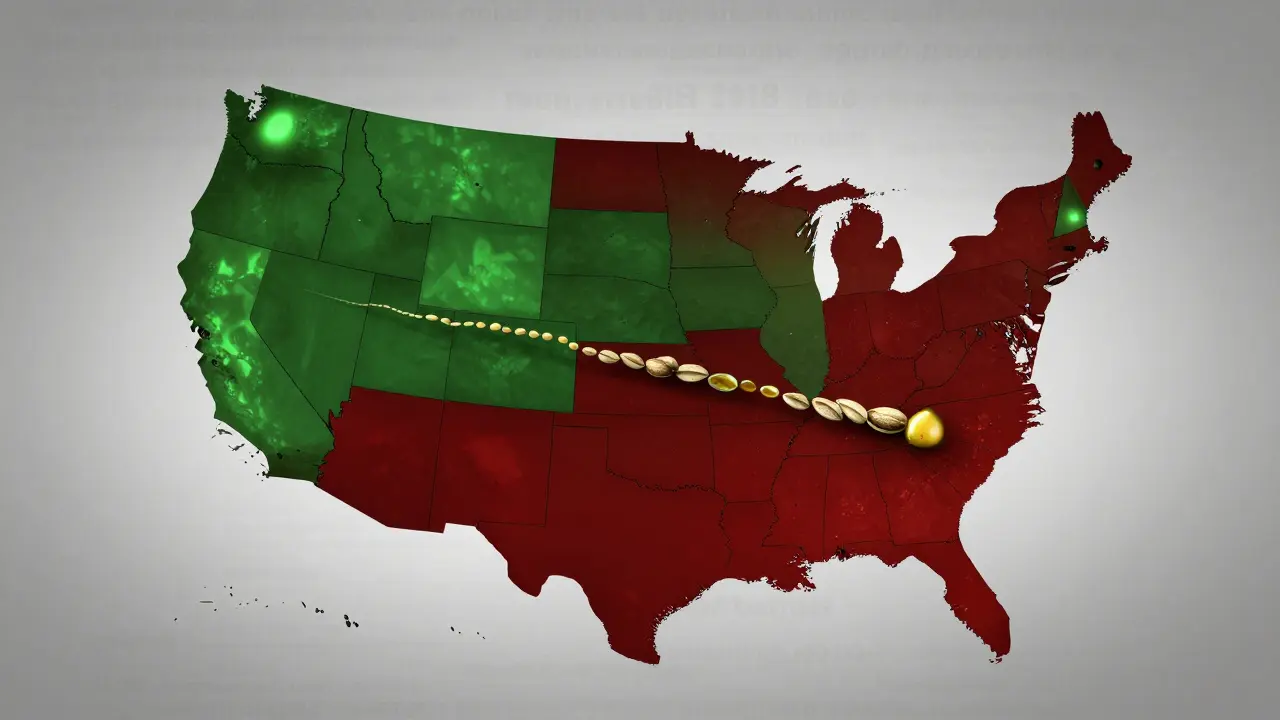 Mapa USA s označenými státy, kde jsou konopné potraviny legální nebo zakázané, s proudem semínek mezi hranicemi.