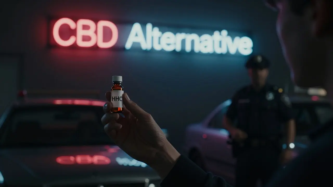 Osoba drží lahvičku HHC pod nejasným reklamním znakem 'CBD alternativa', zatímco policista stojí v pozadí s testem na drogy.