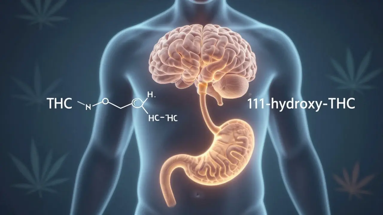 Vnitřní proces těla při přeměně THC na silnější metabolit.