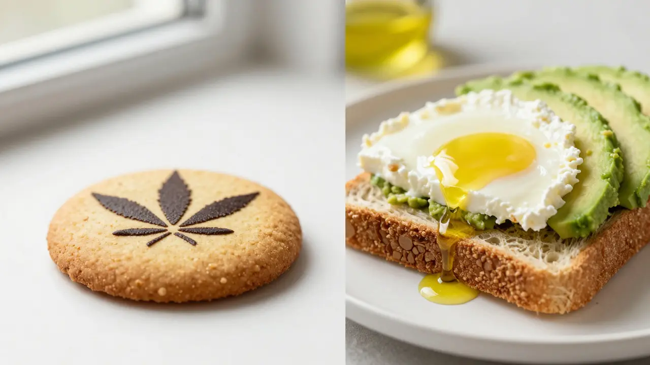 CBD cookie vedle avokádo toastu s sýrem pro lepší vstřebávání.