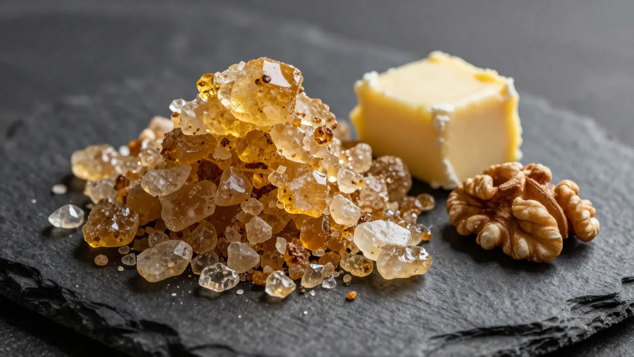 Detail CBD crumble v krystalech vedle kousku másla a ořechů na tmavém podkladu.