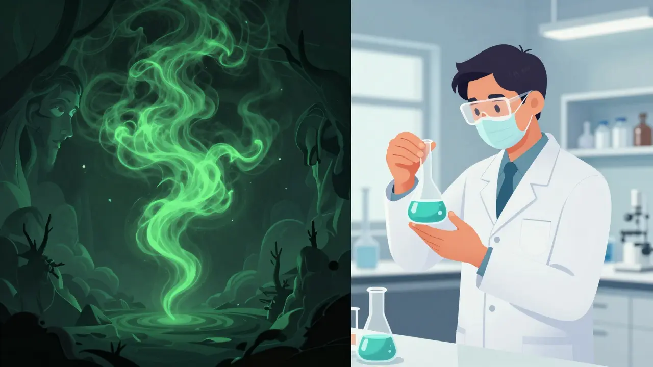 Kolaž znázornující kontrast mezi mýty o absintu a moderní vědou.