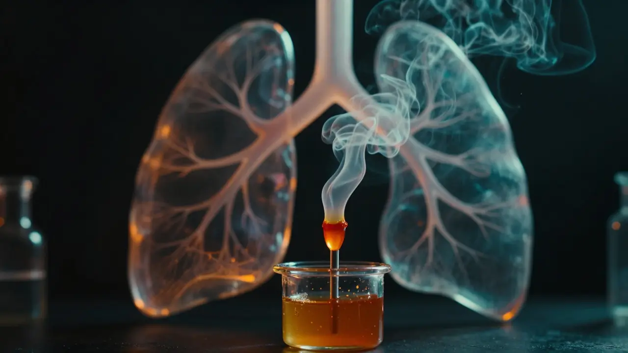 Konceptuální obraz skleněné dabbing aparatury s toxicky vypadajícím párem.