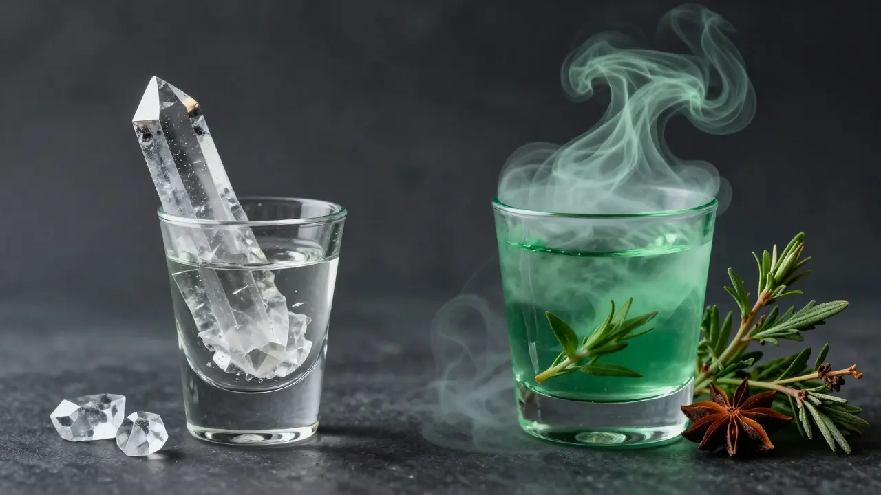 Konceptuální obraz znázornující kontrast mezi pálivostí a bylinkovou jemností absintu.