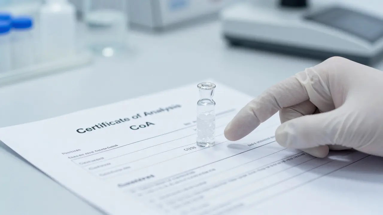 Laboratorní zpráva CoA vedle skleněné zkumovice s čistým CBD izolátem
