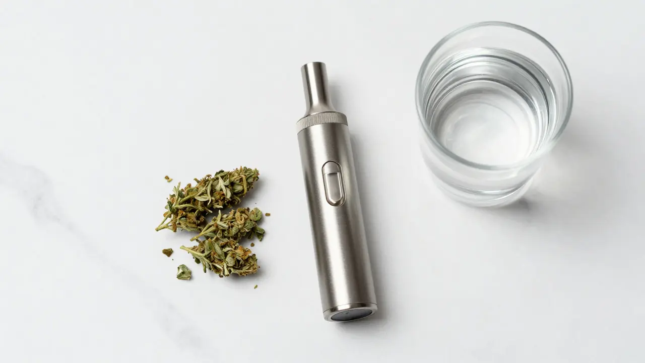 Moderní vaporizér a konopí na bílém mramoru.