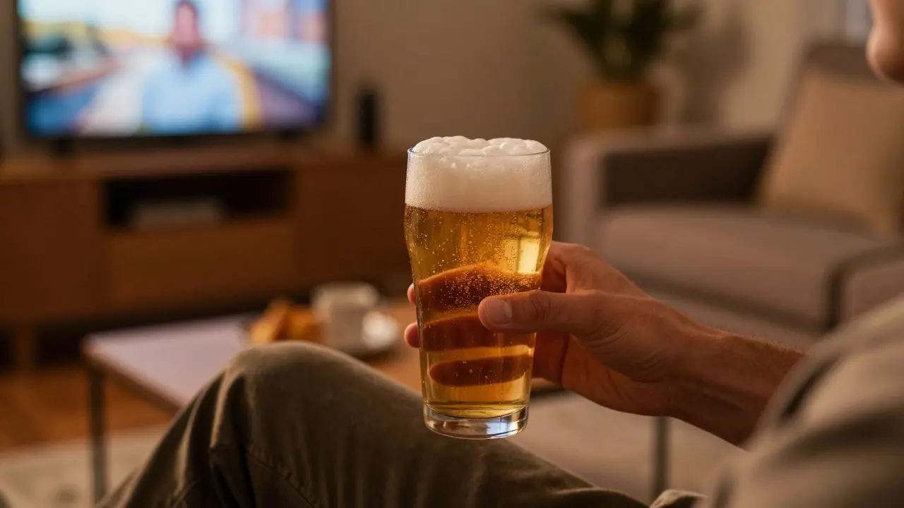 Ruka drží sklenici konopného piva během večerného relaxu.