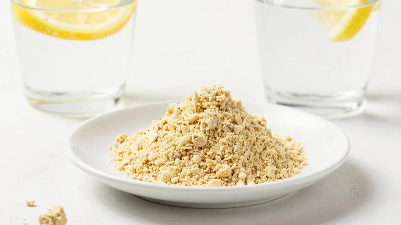 Sypký CBD crumble na bílém talířku vedle sklenice vody s citronem.