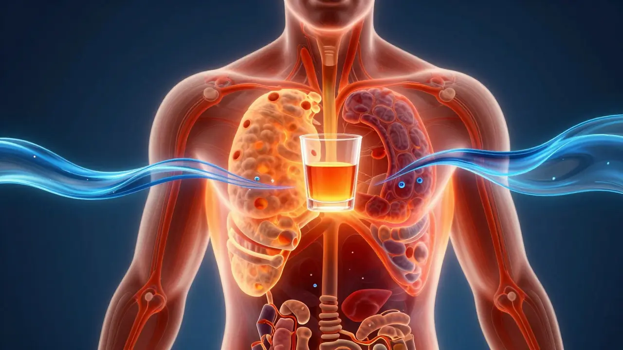 Abstraktní vizualizace chemického popálení alkoholem v těle