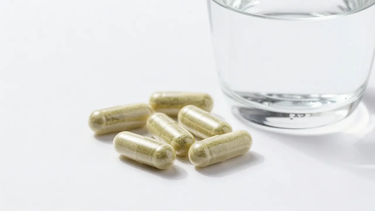 CBD kapsle vedle sklenice vody na bílém podkladu