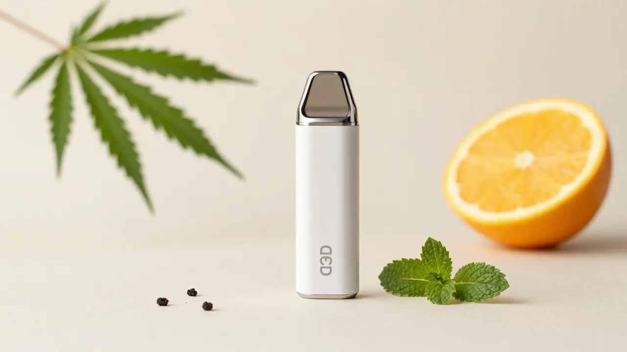CBD vape zařízení s bylinkami a ovocem symbolizujícími vůni