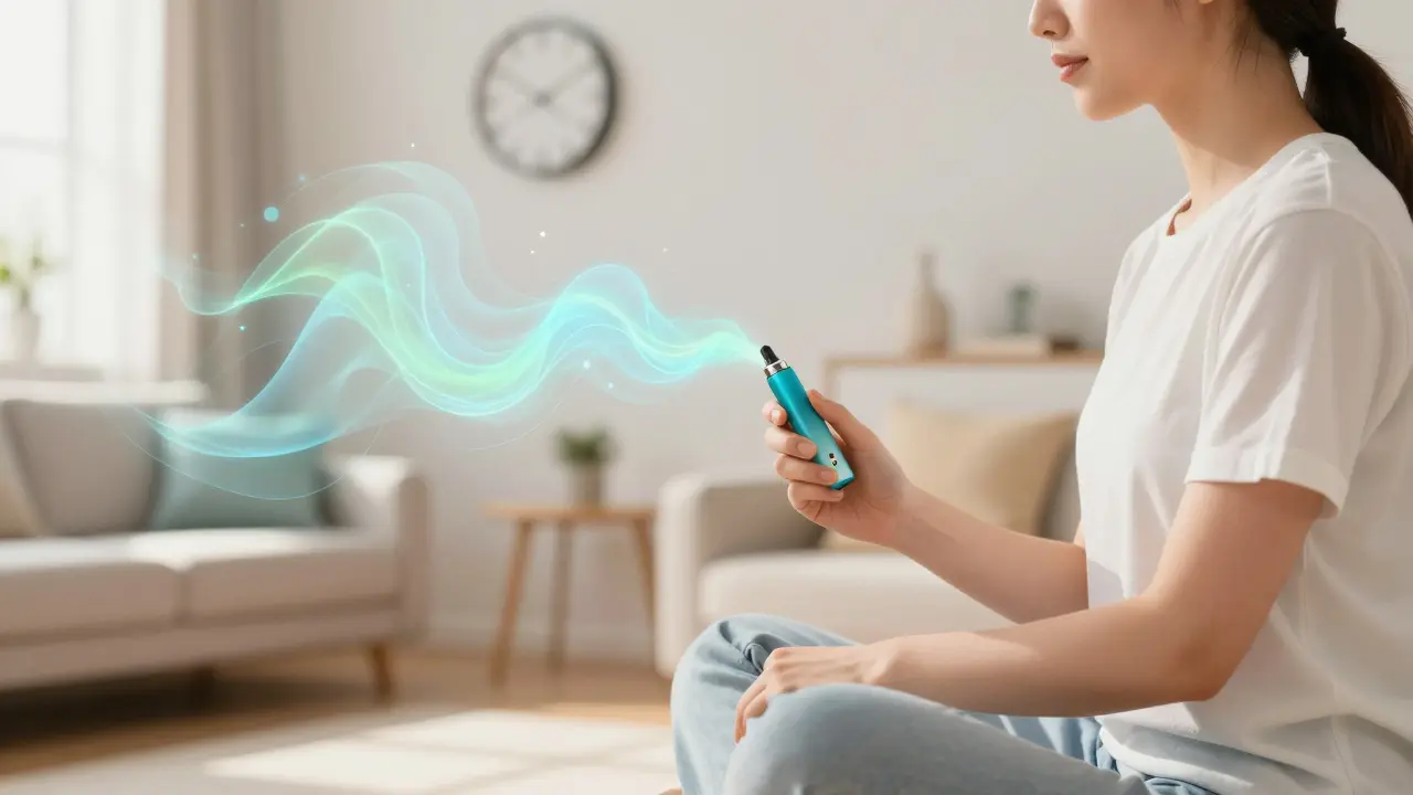 Člověk klidně inhalující z CBD pera v osvětleném pokoji