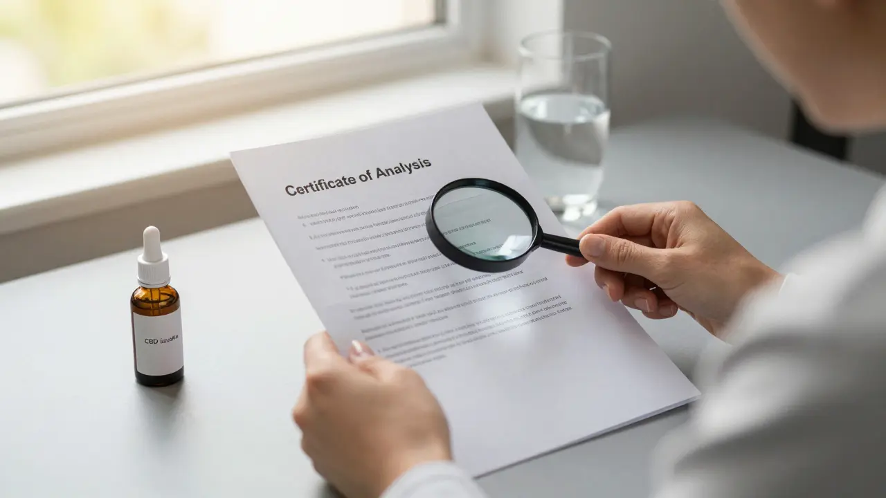 Člověk kontroluje certifikát analýzy CBD produktu