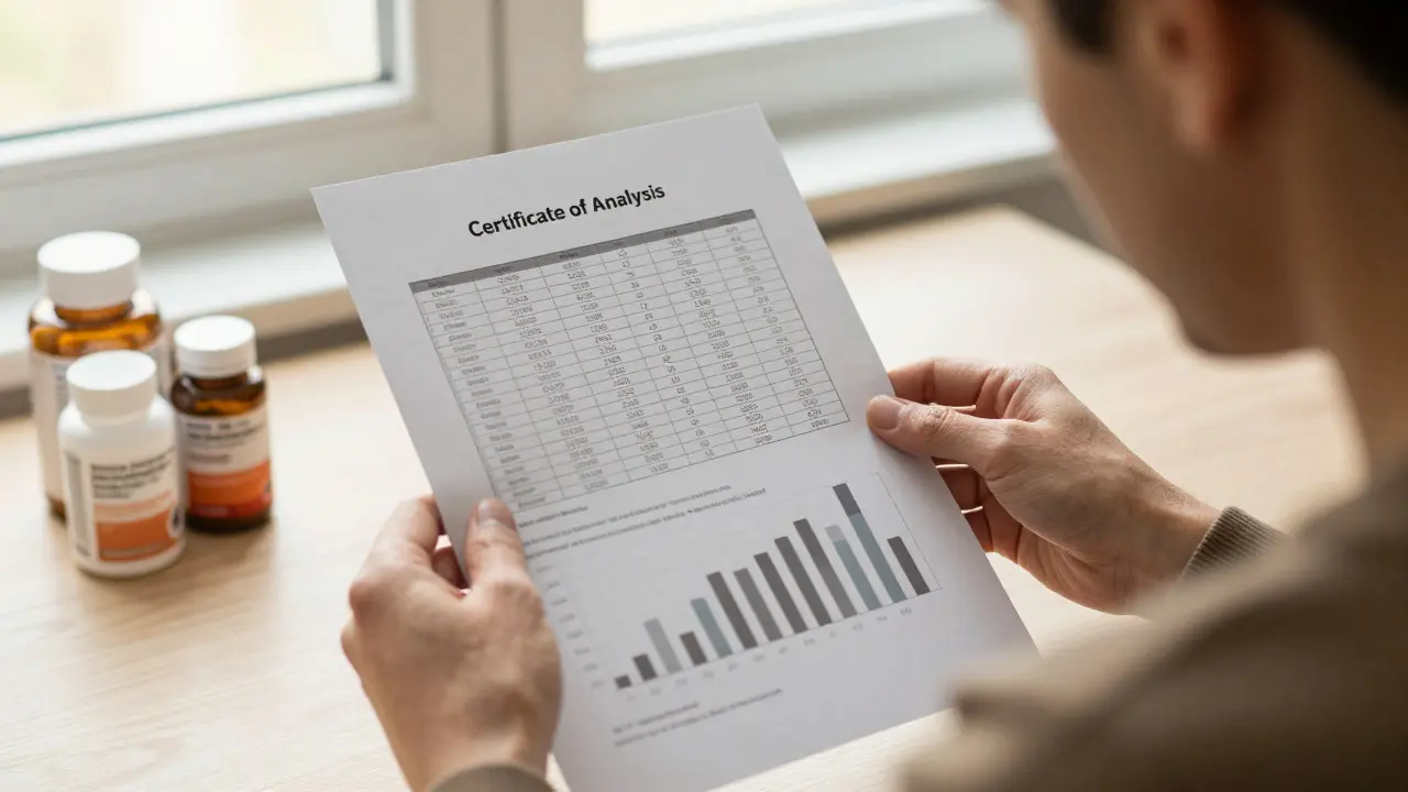 Člověk kontrolující certifikát analýzy u doplňků stravy