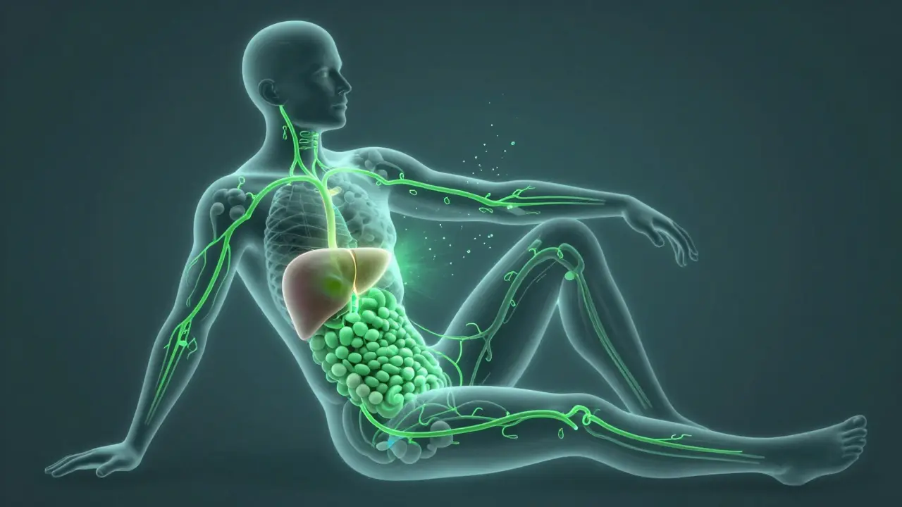 Ilustrace lidského těla s zářícími cévami ukazující metabolizaci CBD