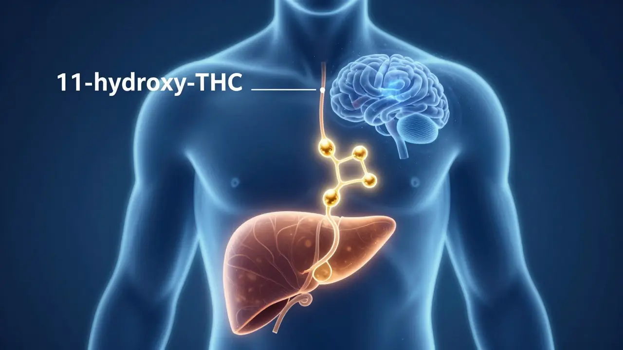 Ilustrace přeměny THC v játrech na silnější látku pro mozek