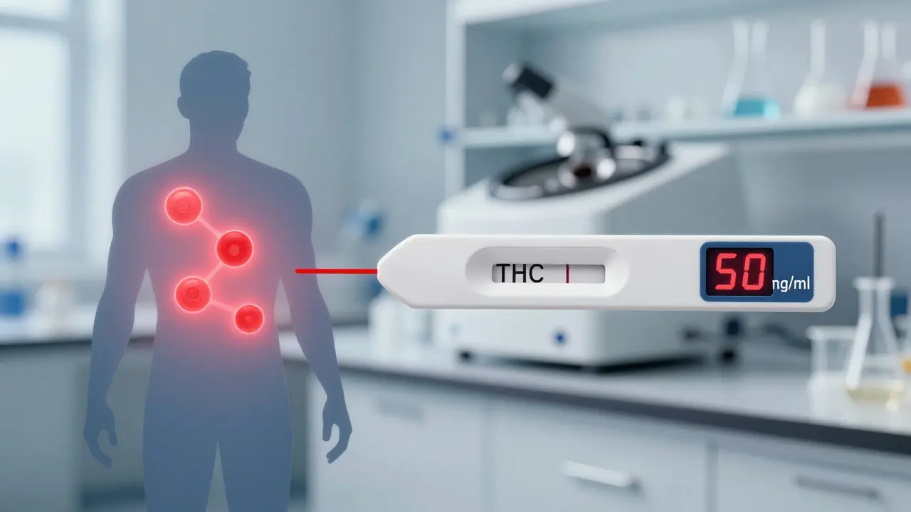 Koncept detekce THC v těle a pozitivní výsledek drogového testu
