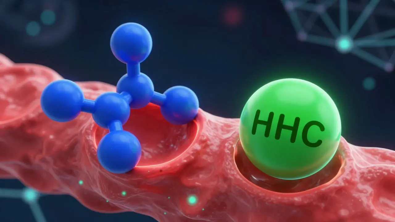 Konceptuální ilustrace vazby molekul HHC a THC na receptory