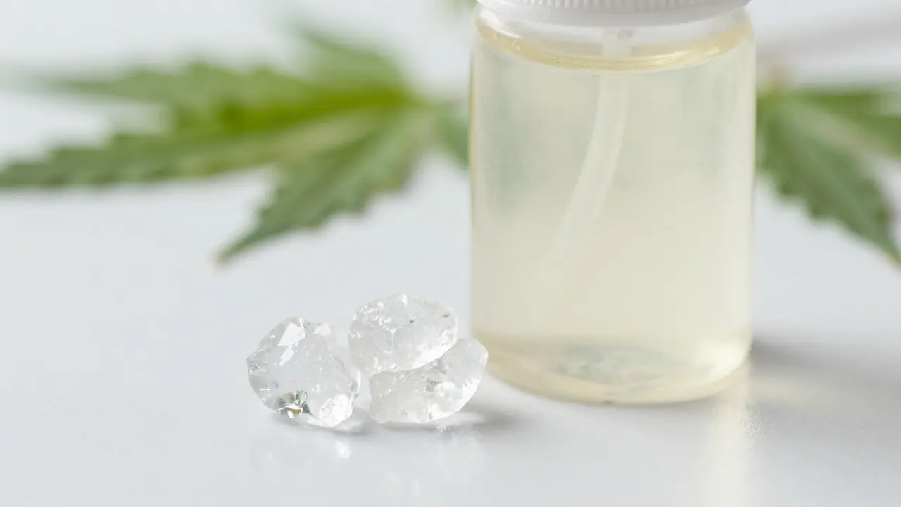Kousek CBD shatteru vedle lahve s nečistým extraktem