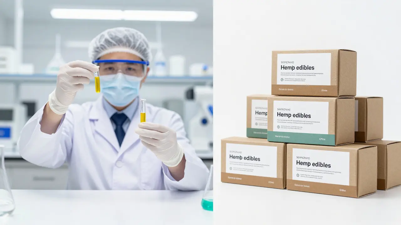 Laboratoř s extraktem konopí a balení produktů ilustrující výrobní náklady
