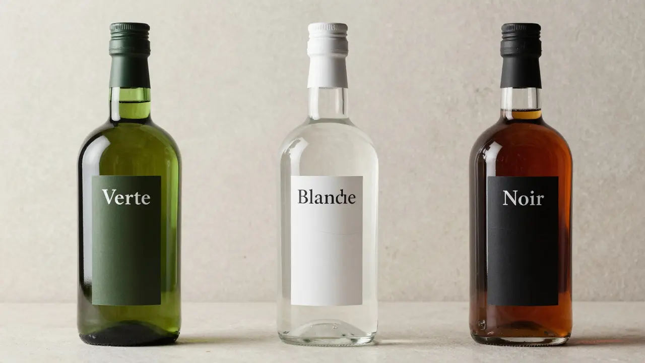 Tři typy absintu vedle sebe: zelený, bílý a černý v minimalistických lahvích
