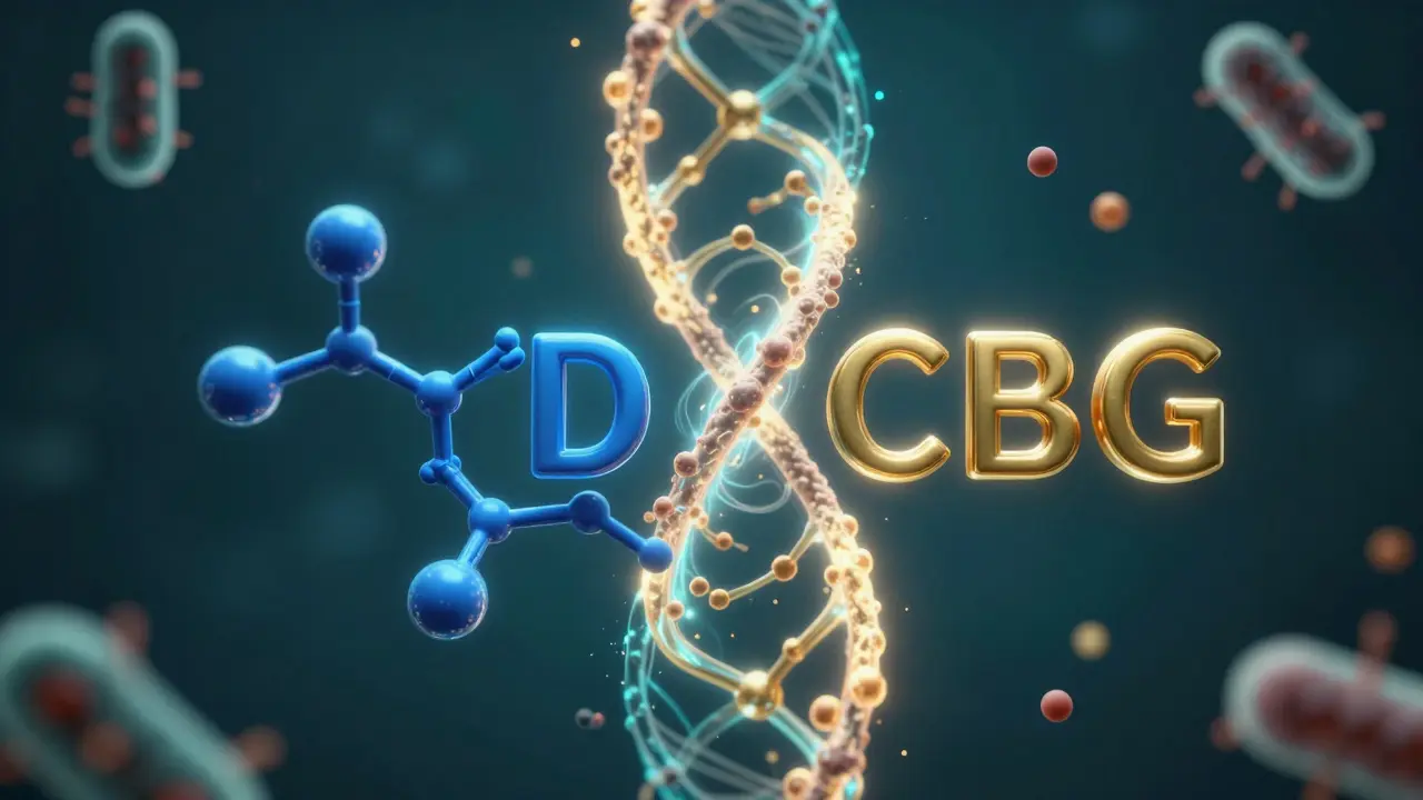 Abstraktní vizualizace molekul CBD a CBG sloučujících se v synergii