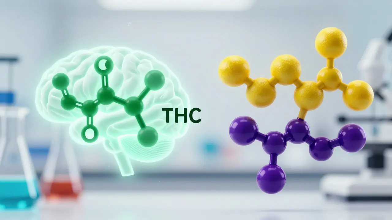 Abstraktní vizualizace molekul THC a terpenů ovlivňujících energii a únavu