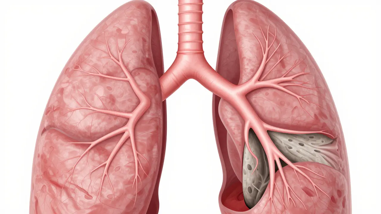 Anatomická ilustrace zjizvených průdušek v plicích