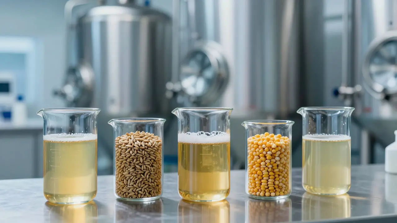 Beer ingredients and lab equipment on a steel surface