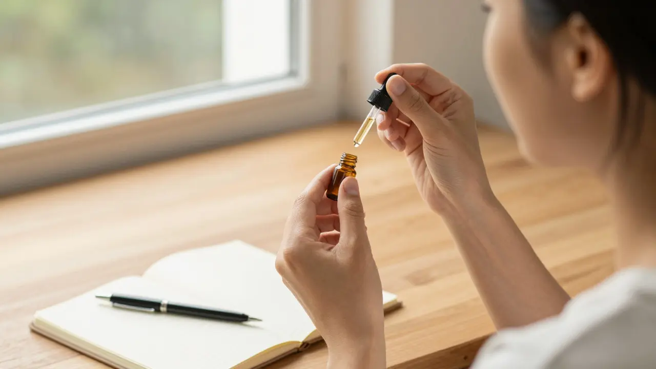 Člověk aplikuje CBD kapky pod jazyk pro relaxaci