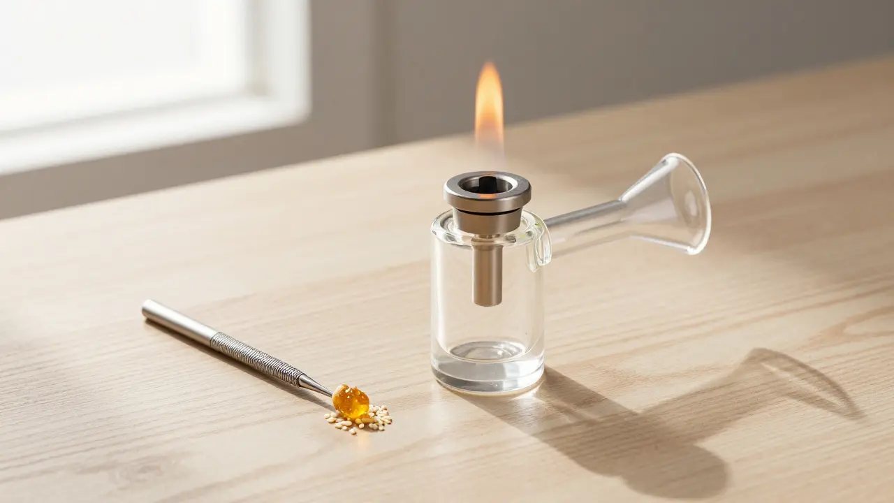 Detailní záběr na kvalitní live resin a quartz banger při přípravě