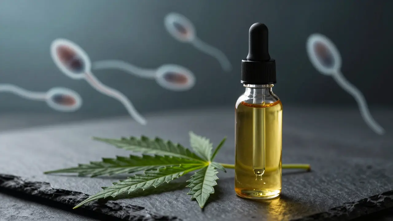 Fialka s CBD olejem a abstraktní spermie na tmavém pozadí