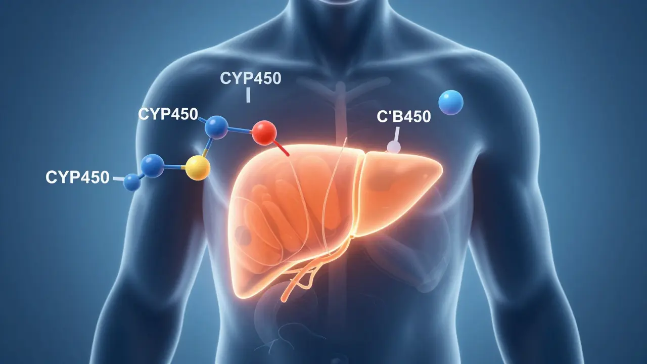 Ilustrace lidského těla s důrazem na játra a metabolické procesy