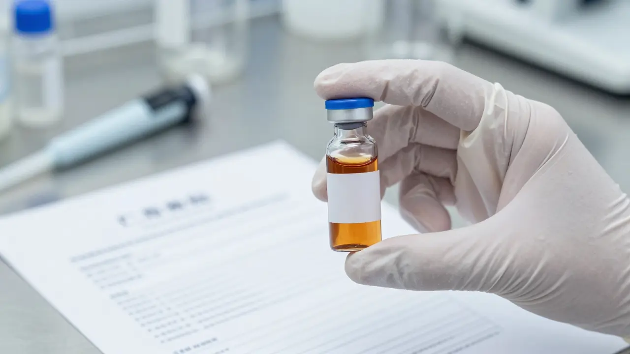 Laboratorní sklenice s kapalinou a dokumenty o kvalitě