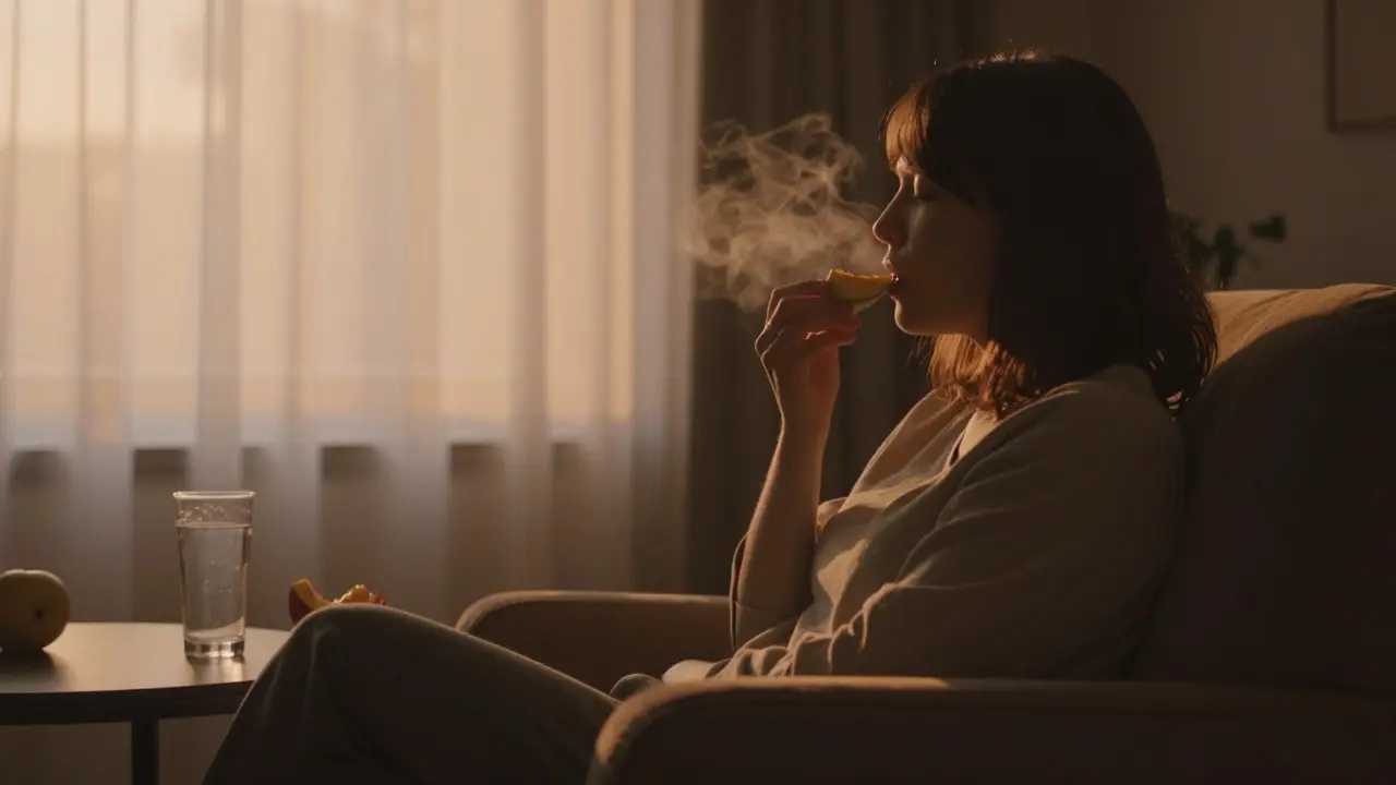 Relaxovaná osoba v židli při vrcholu účinku konopných edibles