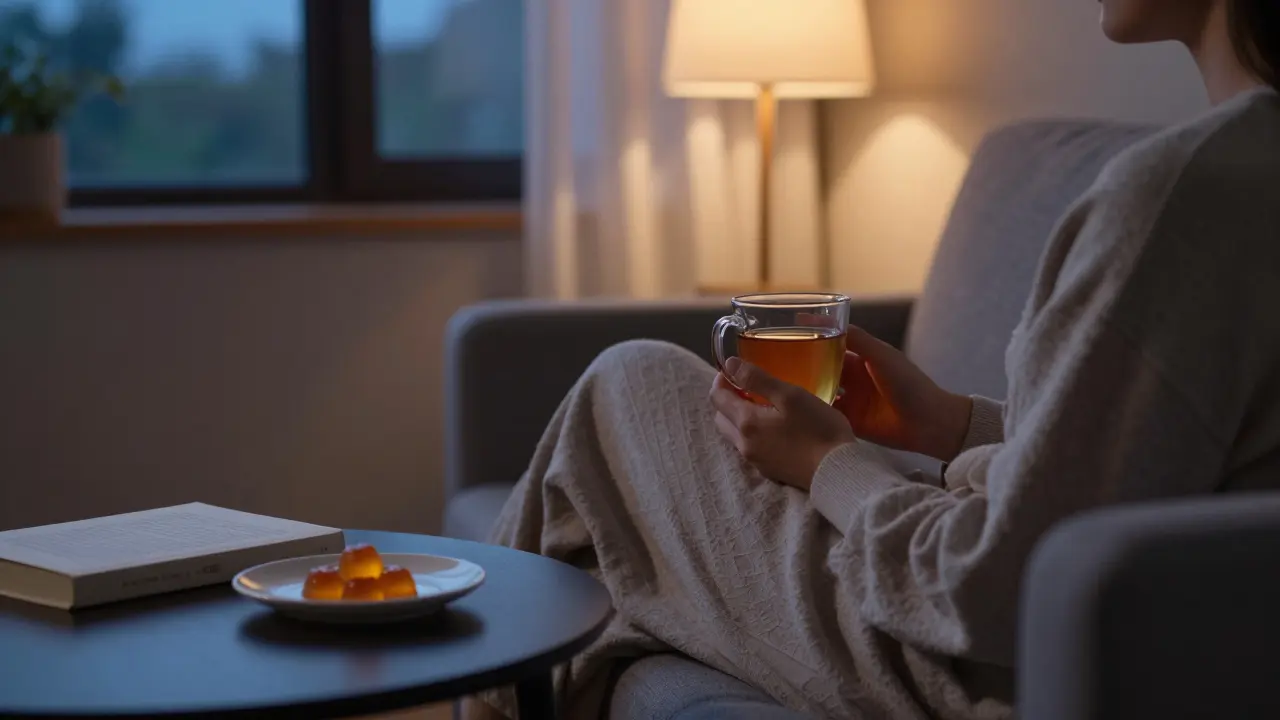 Relaxovaná osoba večer s čajem a CBD gumičkou na stole
