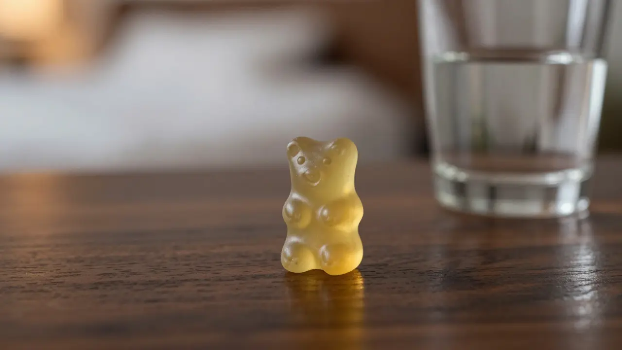 Záběr na jednu CBD gumičku na tmavém dřevěném povrchu