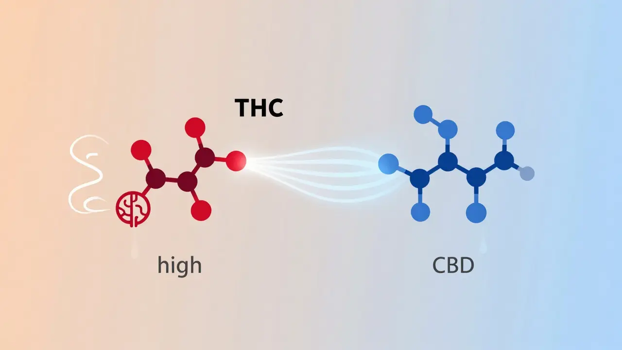 Abstraktní ilustrace porovnávající účinky THC a CBD na mozkové receptory