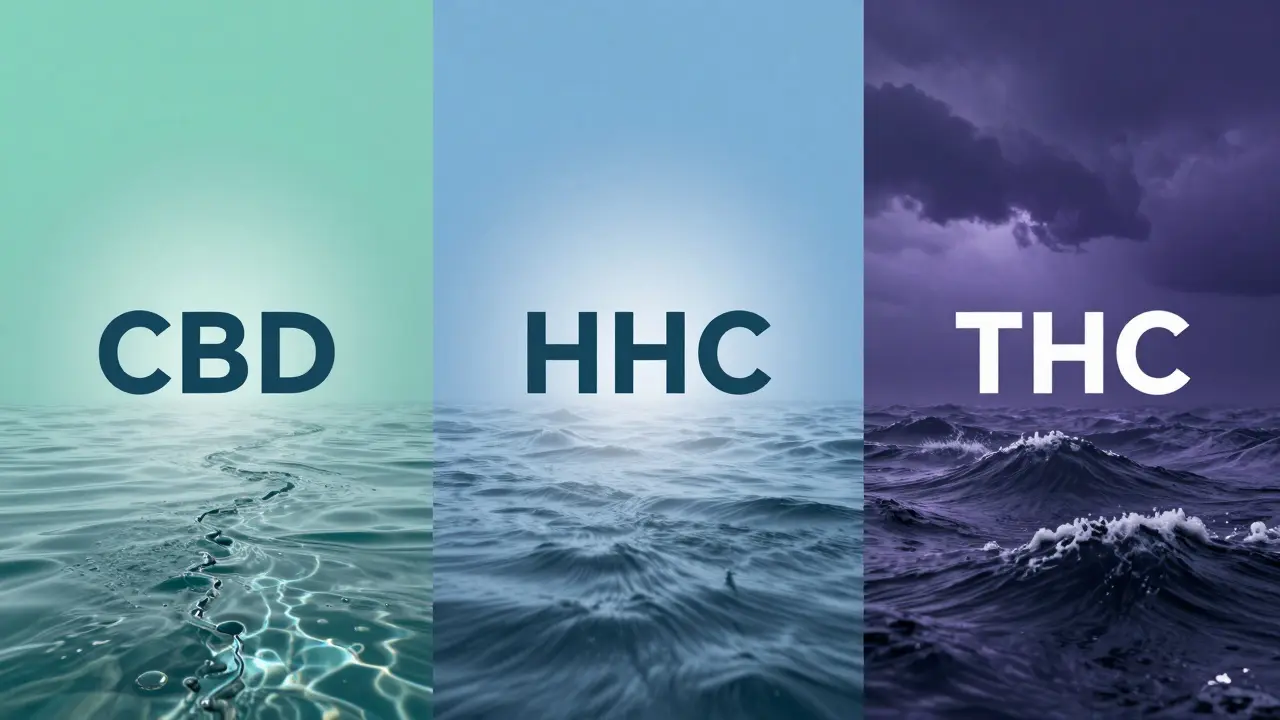 Abstraktní srovnání účinků CBD, HHC a THC pomocí vody a barev