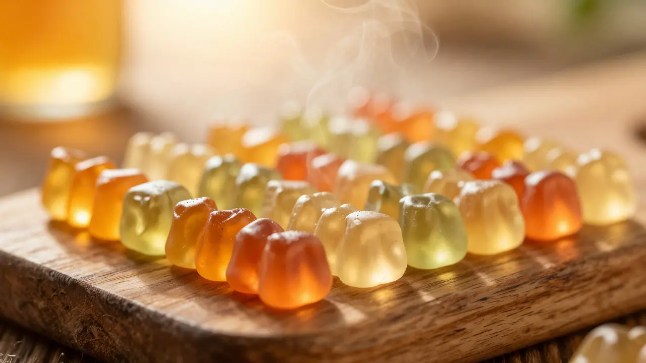 Gummy edibles in warm light showing delayed effects