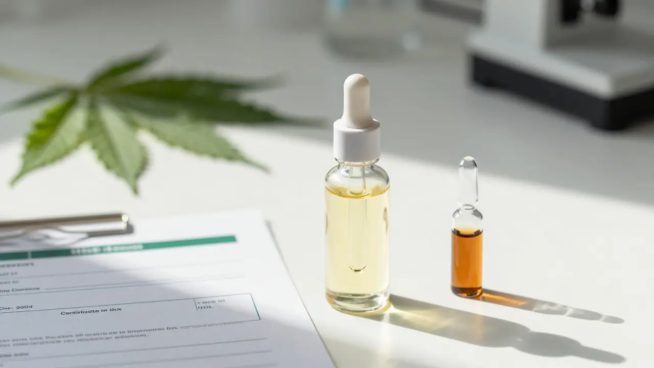 Lahev konopného oleje a certifikát analýzy v laboratoři