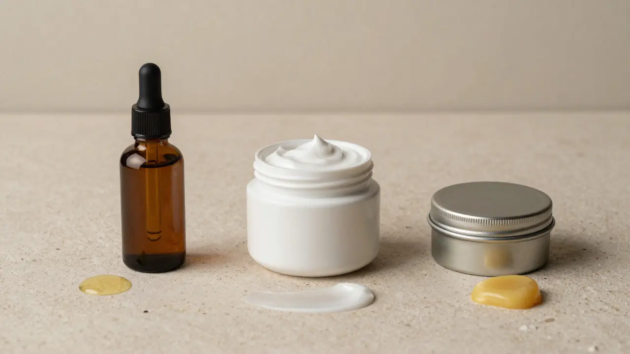 Různé formy CBD produktů: olej, krém a mast na kamenu