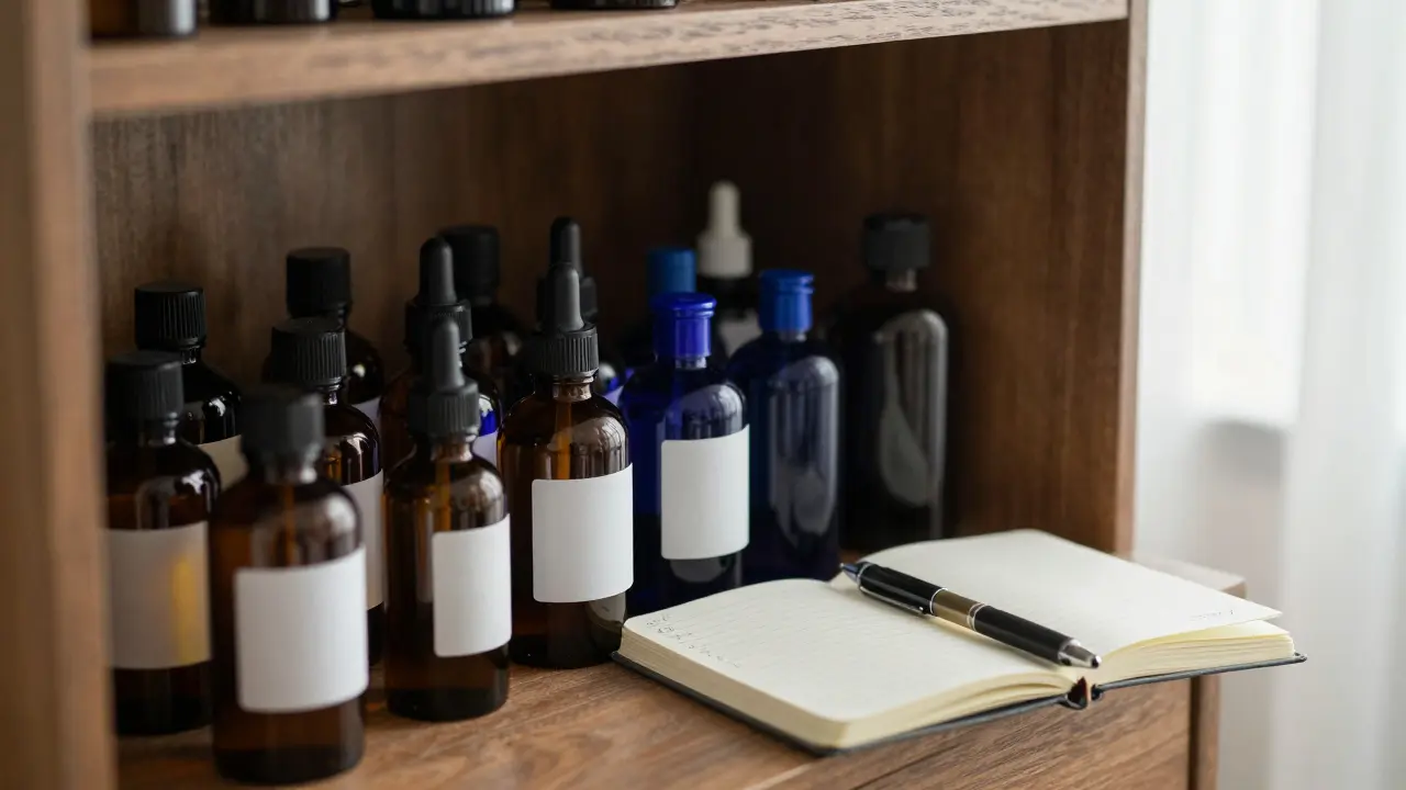 Správné skladování tmavých lahví konopných produktů ve skříni