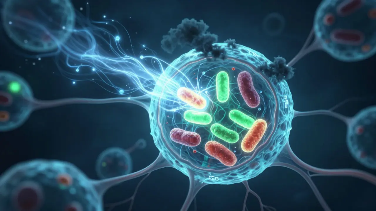 Abstraktní ilustrace svítících mitochondrií v buňce šířící energii a odstraňující stres